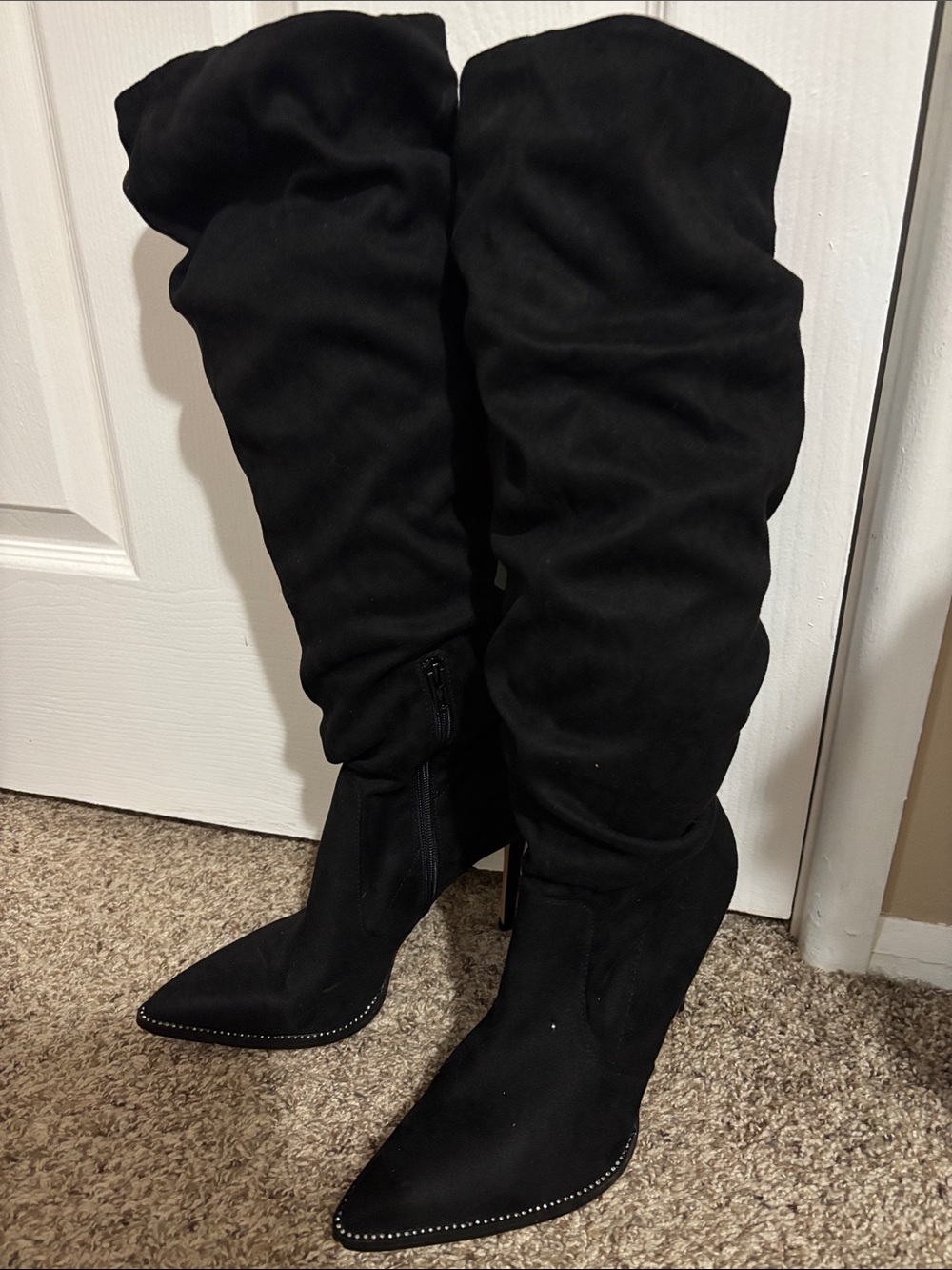 Mix No. 6 Black Over-the-Knee Pointed-Toe Boots with Stud Trim